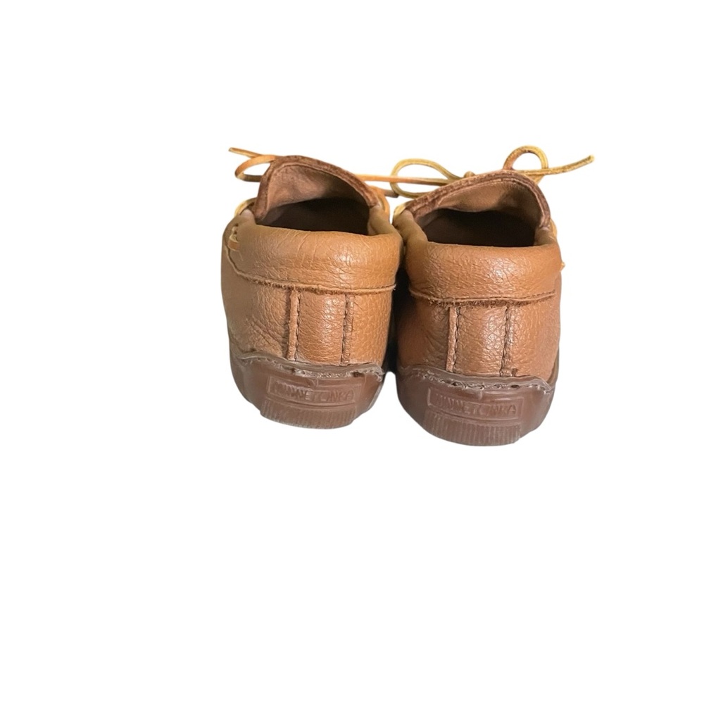 Minnetonka Tan Pebbled Leather Boat Loafer Moccasins with Tie Women's Size 9.5 - Picture 4 of 9